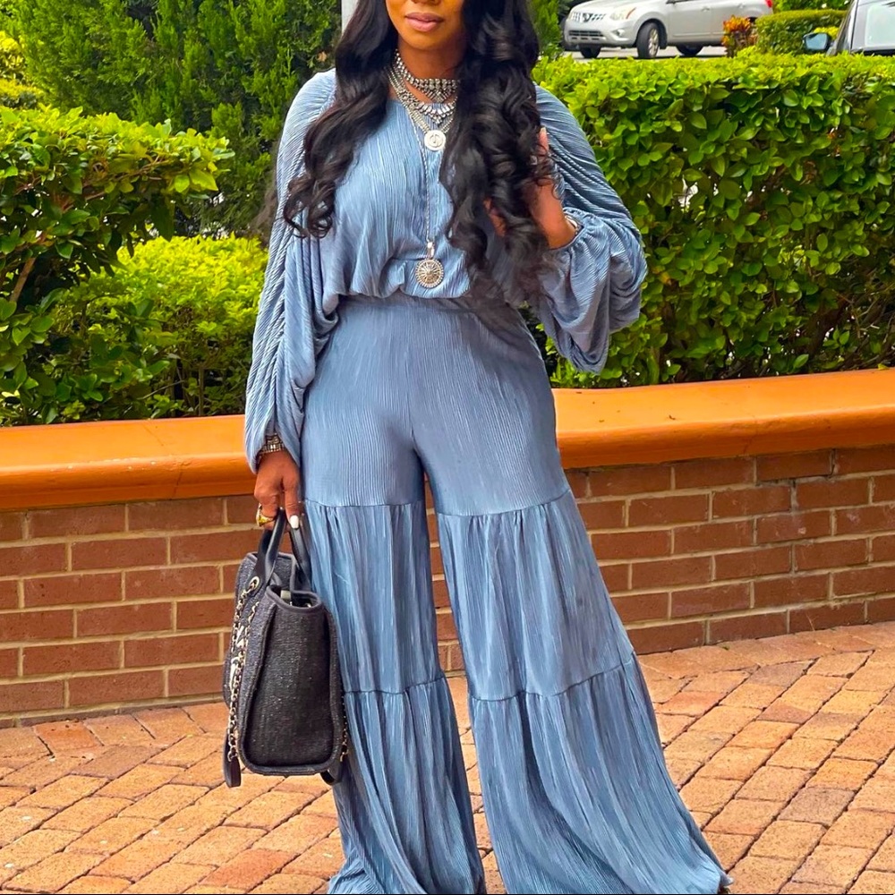 Chiffon Tiered Wide-Leg Jumpsuit - Dusty Blue